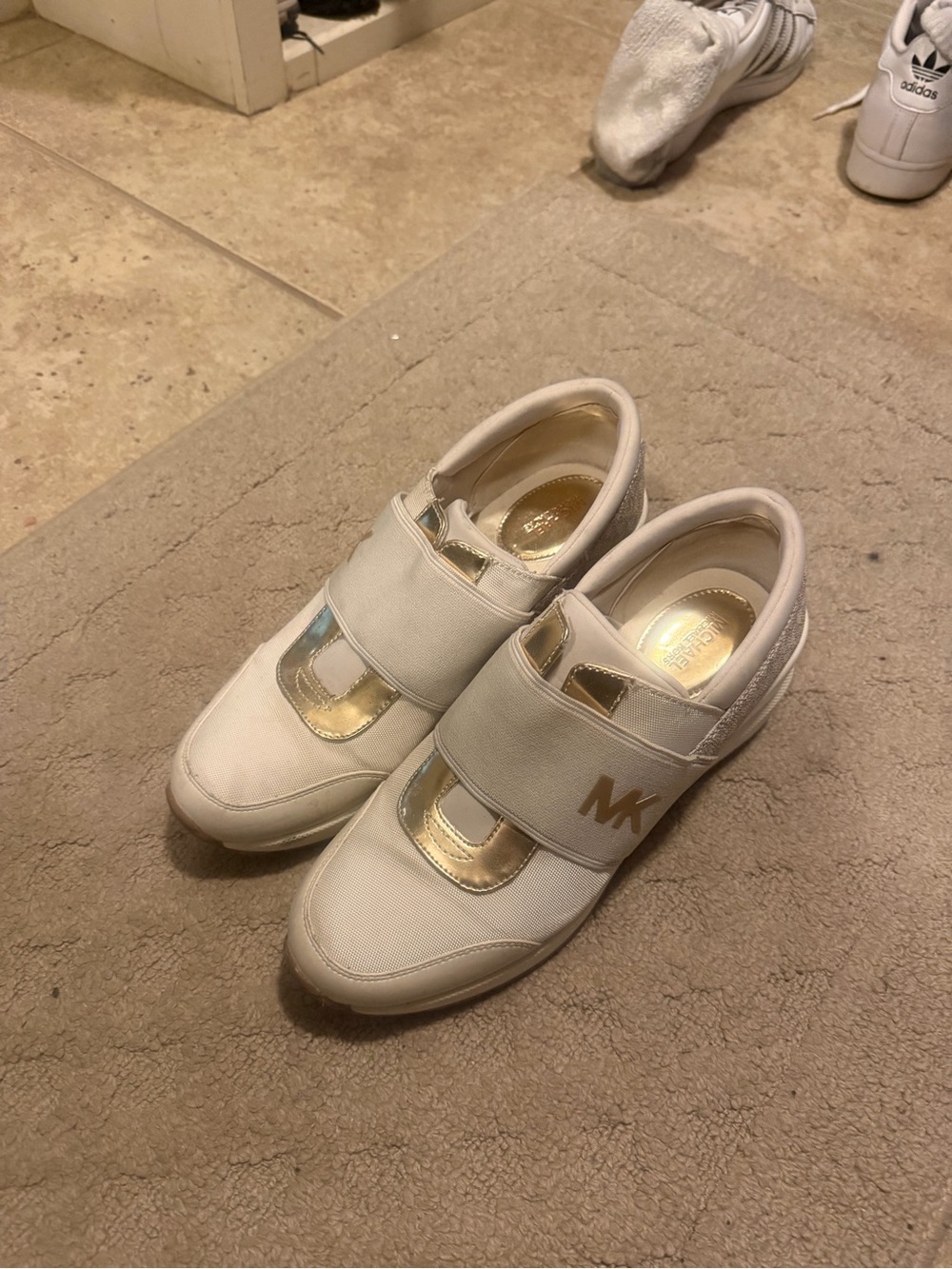 Michael Kors Cream and Gold Velcro Slip-On Sneakers